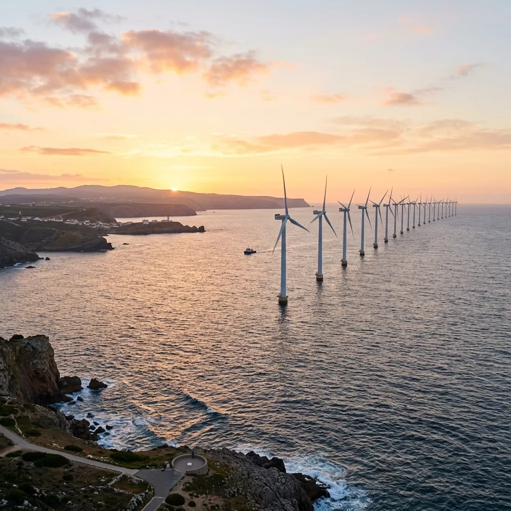 Wind farm at dawn over rolling hills